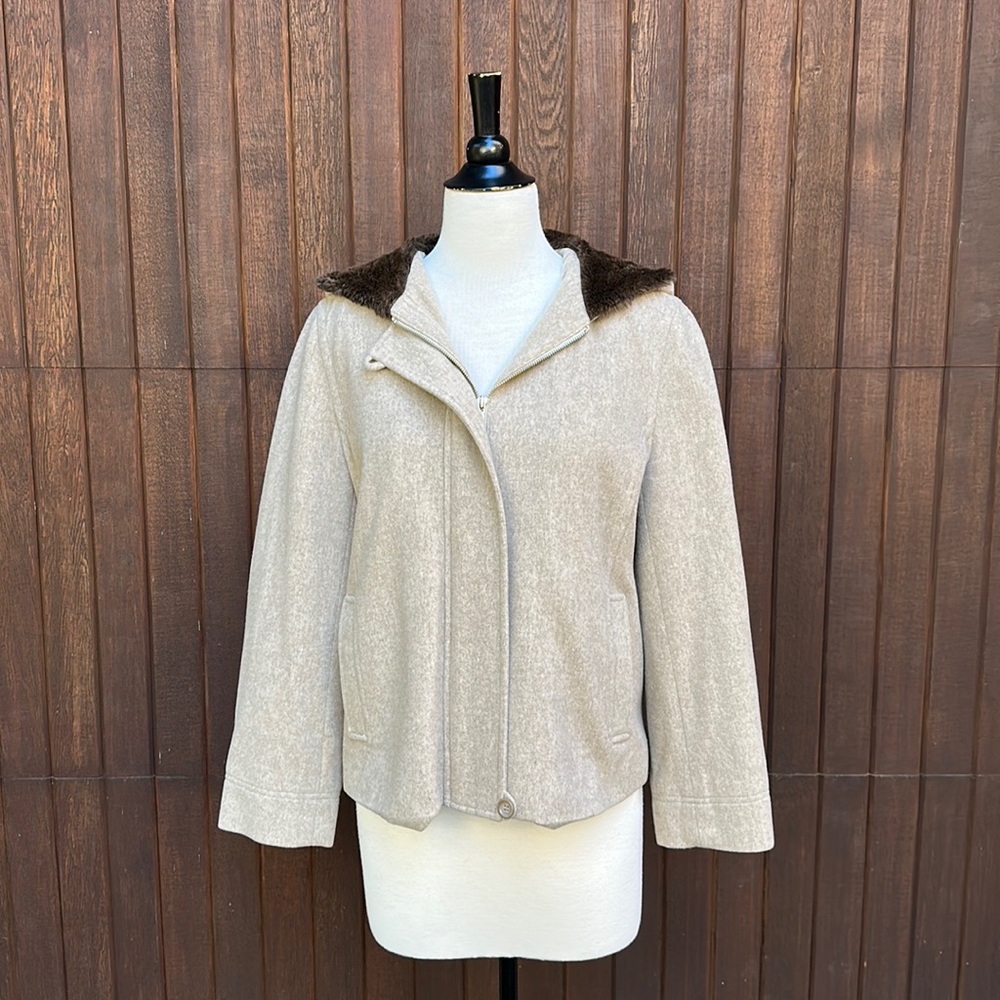 Vintage J. Crew wool jacket with faux fur hood. Size 8